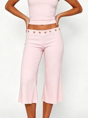 💗Hello Gorgeous! Pink Grommet-Trim Mid Rise Wide Leg Crop Pants